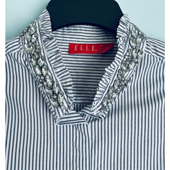 ELLE Button Up Blouse Jewel Embellished Collar Elegant Glamour Women's 6 - Picture 3 of 9